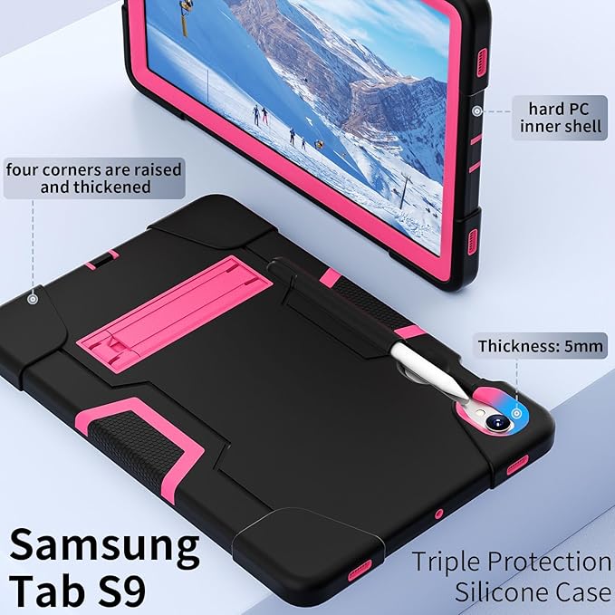Case for Galaxy Tablet S9 FE & S9 2023 (SM-X710/X718U/X716B/X510/X516B), Soft Silicone & Hard Pc 3-Layer Military Protector Cover for Tab S9 11" with S-Pen Holder Stand case Black+Rose Red