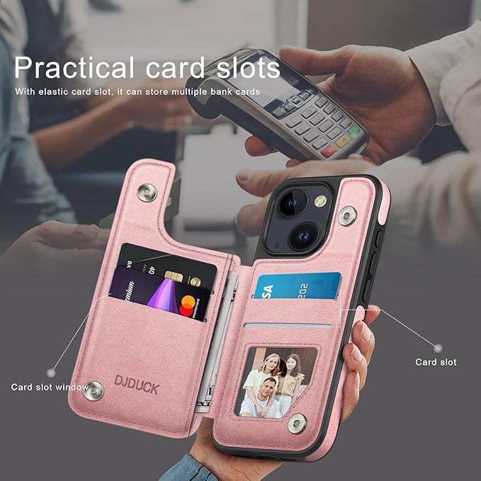 DJDUCK Designed for iPhone 14 Case Wallet with Card Holder, [Magnetic Clasp Cover] [RFID Blocking Leather Protection] Shockproof Women Men Cases 6.1 Inch for Apple 14 Rose Gold
