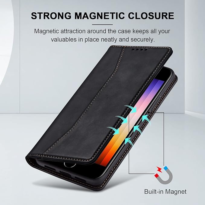 Jasonyu Flip Wallet Case for iPhone SE 2022/2020/8/7,Leather Magnetic Folio Cover with Card Holder,Kickstand - TPU Shockproof Durable Protective Phone Case,Black