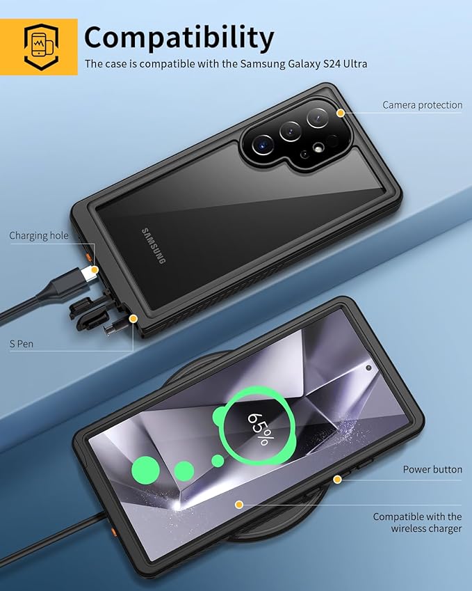 Lanhiem for Samsung Galaxy S24 Ultra Case, IP68 Waterproof Dustproof, Built-in Screen Protector, Rugged Full Body Shockproof Protective Cover for Galaxy S24 Ultra 5G 6.8 Inch, Black