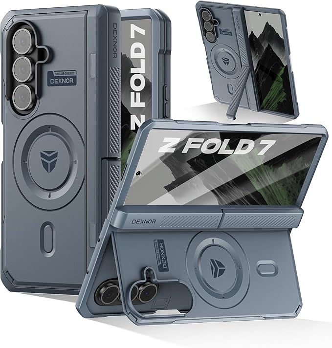 Dexnor Magnetic for Samsung Galaxy Z Fold 7 Case with Dual Kickstands & Front Screen Protector & Hinge Protection, Compatible with MagSafe, Full-Body Rugged Protective Cover Bumper Cases,Navy Blue