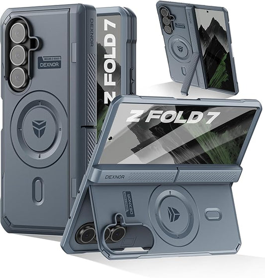 Dexnor Magnetic for Samsung Galaxy Z Fold 7 Case with Dual Kickstands & Front Screen Protector & Hinge Protection, Compatible with MagSafe, Full-Body Rugged Protective Cover Bumper Cases,Navy Blue