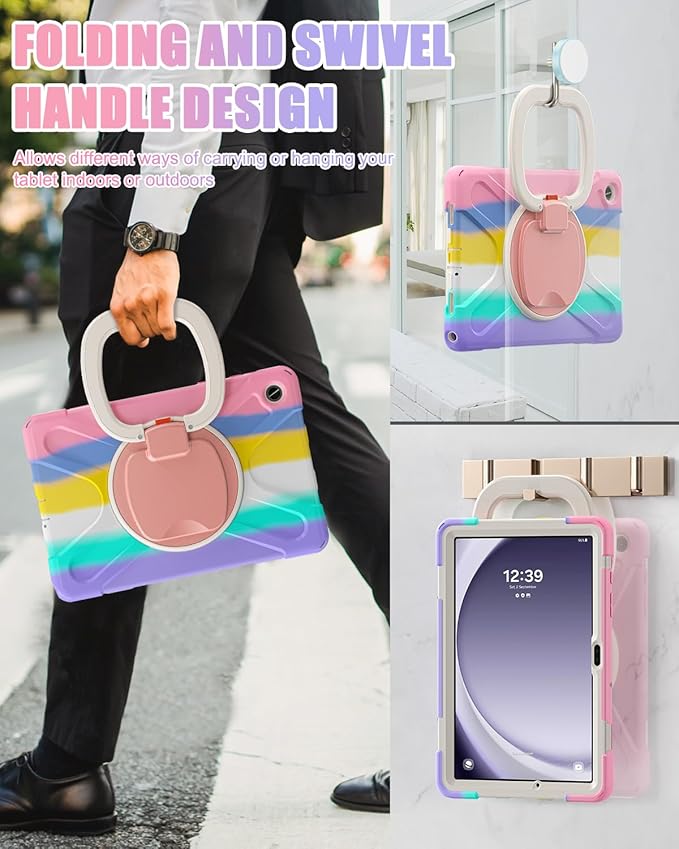 BRAECN Case for Samsung Galaxy Tab A9 Plus/ A9+ 11” 2023 (SM-X210/X216/X218), Heavy Duty Rugged Cover with Screen Protector, 360 Degree Rotating Stand, Stable Kickstand, Shoulder Strap, Colorful Pink