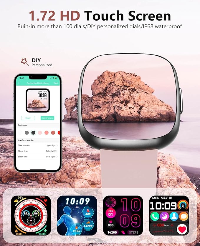 Smart Watch for Women, 1.72" Super Retina HD Display, Fitness Watch with with Sleep Stress, 24/7 Heart Rate HRV Spo2 Monitor, 135 Sports Modes Fitness Tracker, Waterproof Square Watch for Android iOS