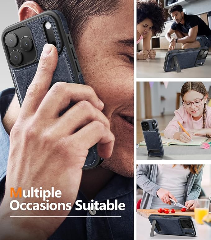 Magnetic for iPhone 17 Pro Leather Case,Built-in Invisible Stand [Compatible with Magsafe] Protective Slim Kickstand Phone Cover for iPhone 17 Pro Case, Blue