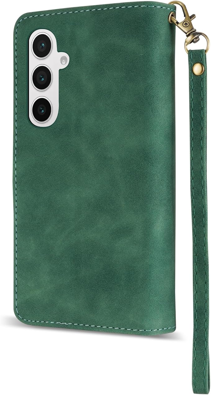 ZZXX for Samsung Galaxy S24 FE Wallet Case with RFID Blocking Card Slot PU Leather Zipper Flip Folio with Strap Kickstand Protective Cover for Samsung Galaxy S24 FE Case Wallet(Green-6.7 inch)