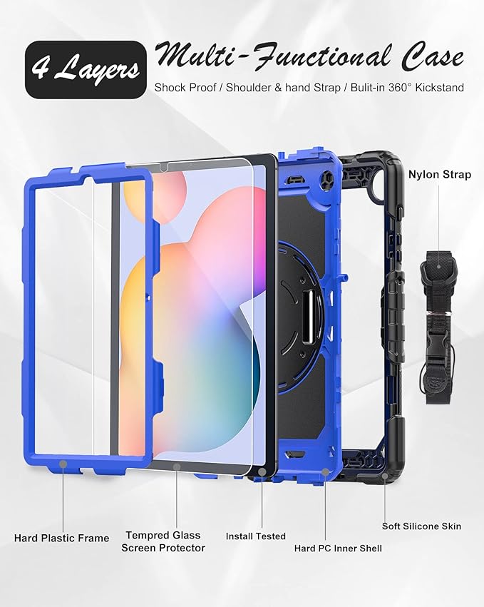 Case for Samsung Galaxy Tab S6 Lite Case 10.4" 2024/2022/2020 with Tempered Glass Screen Protector, Rotatable Kickstand/Hand & Shoulder Strap/S Pen Holder (Blue)