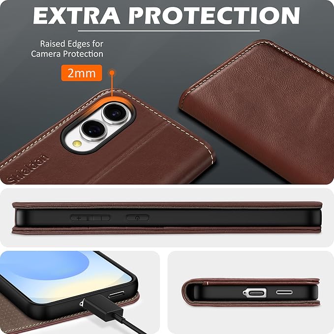 SHIELDON Wallet Case for Galaxy S25 Edge 2025, Genuine Leather Case with RFID Blocking Credit Card Holder Kickstand Magnetic Folio Protective Cover Compatible with Galaxy S25 Edge 6.7" - Retro Coffee