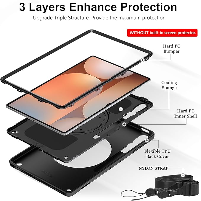 Case for Galaxy Tab S10 Ultra/S9 Ultra/S8 Ultra 14.6 INCH: TPU Protective Cover for Samsung Tablet S9 Ultra/S8 Ultra 14.6" with Stand - Handle - Shoulder Strap - S Pen Holder- Black