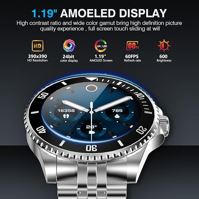 AI Smart Watch, DA GPT Waterproof Smartwatch, 1.19-inch AMOLED Display, 24/7 Heart Rate, Blood Oxygen, Blood Pressure, Sleep Monitor, 107 Sports Modes, Compatible Android and iOS Silver Black