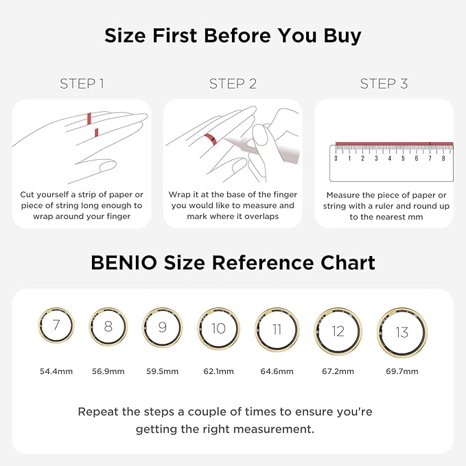 BENIO Ring Gen 2 Smart Ring, Step/Sleep/Blood Oxygen/Heart Rate Tracker for Women Men, Higher Waterproof Rating 5ATM Fitness Tracker,No Subscription Fee,for iPhone and Android (Size 12, Gold)