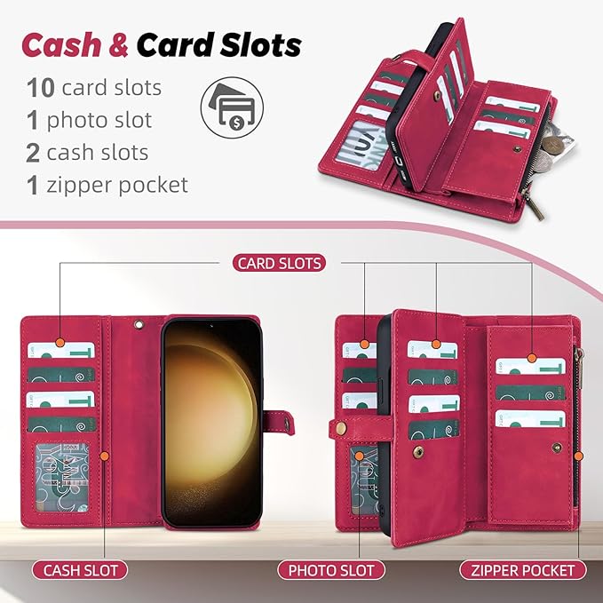 TwoHead for Samsung Galaxy S23 Plus Wallet Case with Card Holder,Detachable Magnetic Phone Case for Galaxy S23 Plus,PU Leather All-Round Protective Phone Cover Wallet with Strap(6.6 in,Wine Red)