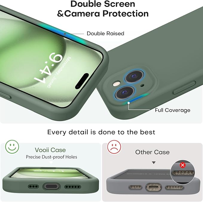 Vooii Compatible with iPhone 15 Case, Upgrade Defender Liquid Silicone, [Enhanced Camera Protection] [Soft Anti-Scratch Microfiber Lining] Shockproof Phone Case for iPhone 15 6.1 inch - Cypress