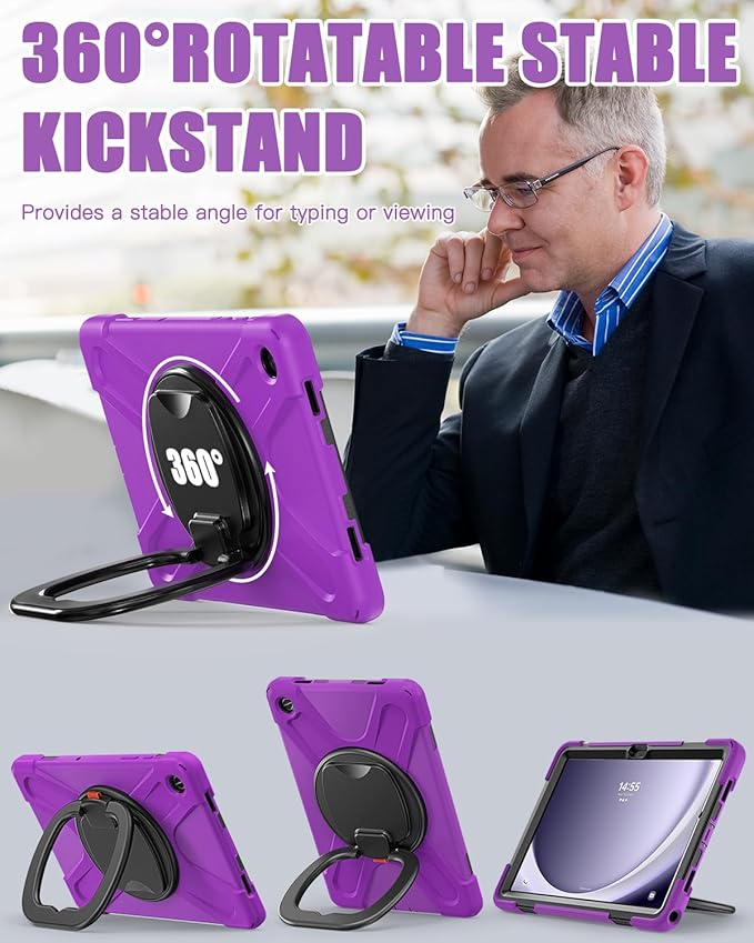 BRAECN Case for Samsung Galaxy Tab A9+/ A9 Plus 11 Inch 2023 SM-X210/X216/X218 with Screen Protector, Rotating Handle Grip, Shoulder Strap, Silicone Heavy Duty Case for Galaxy A9 Plus Tablet, Purple
