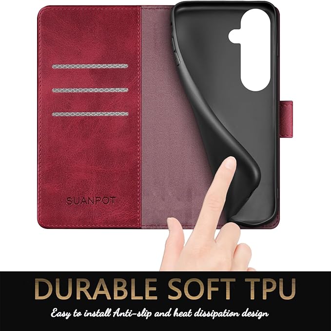 SUANPOT Compatible with Samsung Galaxy S25 FE 5G Wallet case with RFID Blocking Credit Card Holder,Flip Book PU Leather Protective Cover Men Women for Samsung S25 FE case Red
