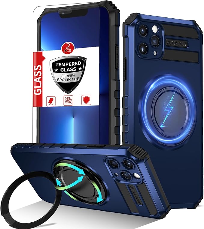 for iPhone 13 Pro Max Case Magnetic Compatible with Wireless Charging,Phone Case with 2 Screen Protectors,Built-in Kickstand Ring Military Grade Drop Shockproof Heavy Duty Protection Blue