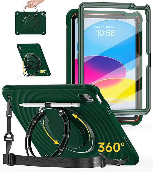 BRAECN Ripple Case for iPad (A16)11th/10th Generation 11/10.9 inch 2025/2022 Zinc Alloy Handle Ring Stand Protective Heavy Duty Screen Protector 360°Rotating 180°Folding Shoulder Strap Full-Body Cover