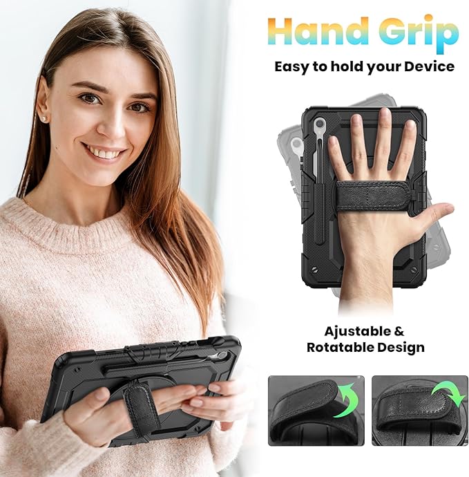 Herize Case Compatible with Samsung Galaxy Tab S10 FE / S9 FE 10.9 Inch Inch with Screen Protector | Cover for S9 11 Inch | Heavy Duty Shockproof Case W/Hand Strap Stand | Black