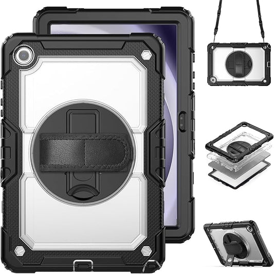 Case for Samsung Galaxy Tab A9+/ A9 Plus Case 11" 2023, Heavy Duty Shockproof Protective Case with Screen Protector, Hand Strap, Shoulder Strap, 360° Rotating Stand Clear+Black