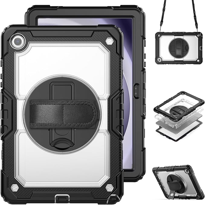 Case for Samsung Galaxy Tab A9+/ A9 Plus Case 11" 2023, Heavy Duty Shockproof Protective Case with Screen Protector, Hand Strap, Shoulder Strap, 360° Rotating Stand Clear+Black