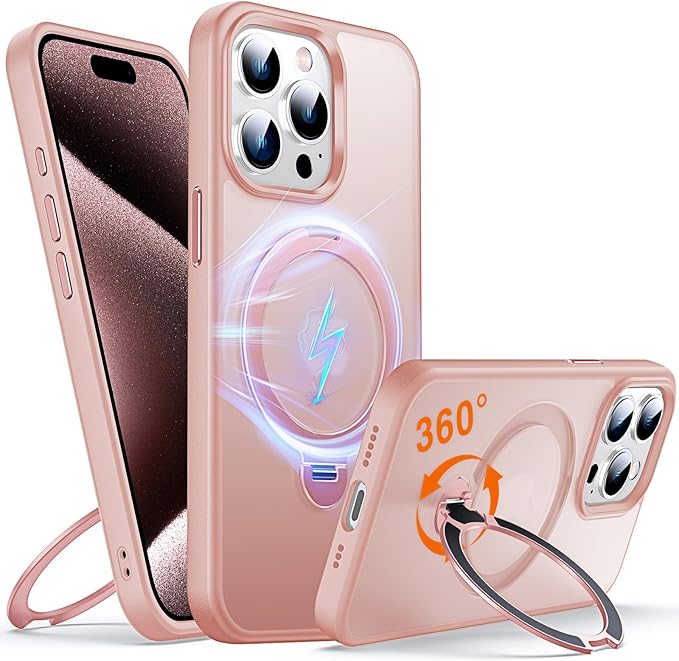 360° O-Ring MagStander for iPhone 15 Pro Case with Magnetic Kickstand Ring Holder [Compatible with MagSafe][360°Rotate Stand Ring][Military Shockproof] iPhone 15 Pro Phone Cover Matte Pink