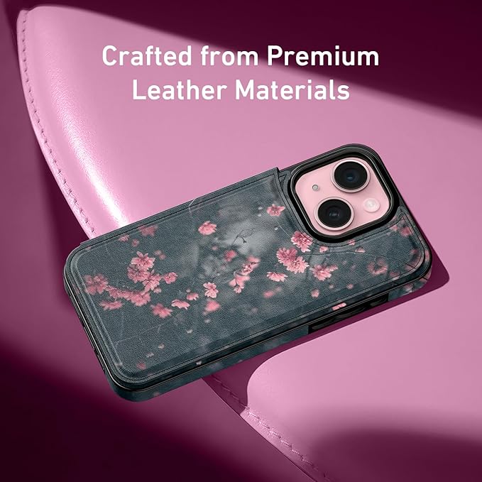 FUNMIKO for iPhone 15 Plus Wallet Case with Card Holder, RFID-Blocking, Military-Grade Protection & UV-Printed Artwork, Magnetic Closure with Leather Kickstand - Mystic Blooming Plum
