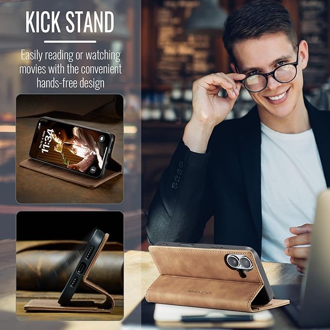 QLTYPRI for iPhone 16 Case Wallet with Card Holder, Vintage PU Leather Kickstand Magnetic Closure Shockproof Folio Book Cover Case for iPhone 16 - Brown