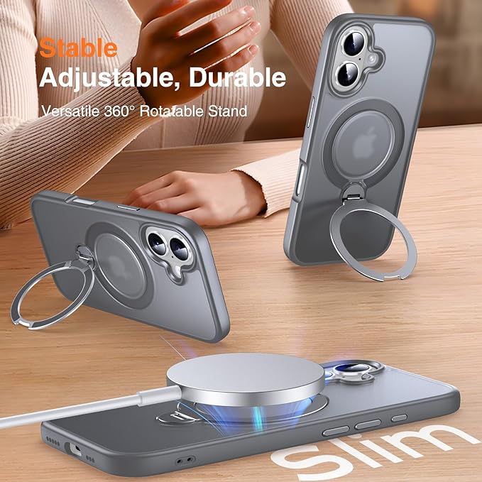 360° O-Ring MagStander for iPhone 16 Case with Magnetic Kickstand Ring Holder [Compatible with MagSafe][360°Rotate Stand Ring][Military Shockproof] Magnet iPhone 16 Phone Cover Matte Grey