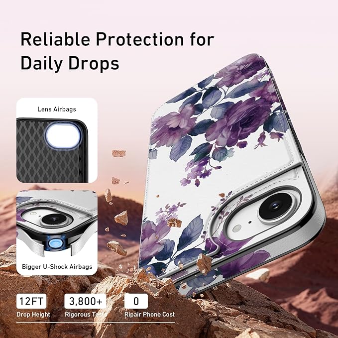 FUNMIKO for iPhone 16e Wallet Case with Card Holder, RFID-Blocking, Military-Grade Protection & UV-Printed Artwork, Magnetic Closure with Leather Kickstand - Elegant Purple Floral