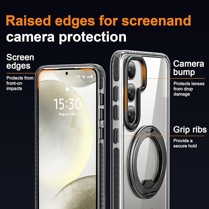 for Samsung Galaxy S24+ (Plus) Case,Compatible with Magsafe with 360°Rotatable Magnetic Ring Stand [Wireless Charging], Clear Slim Soft Edge Phone Kickstand,Clear & Black