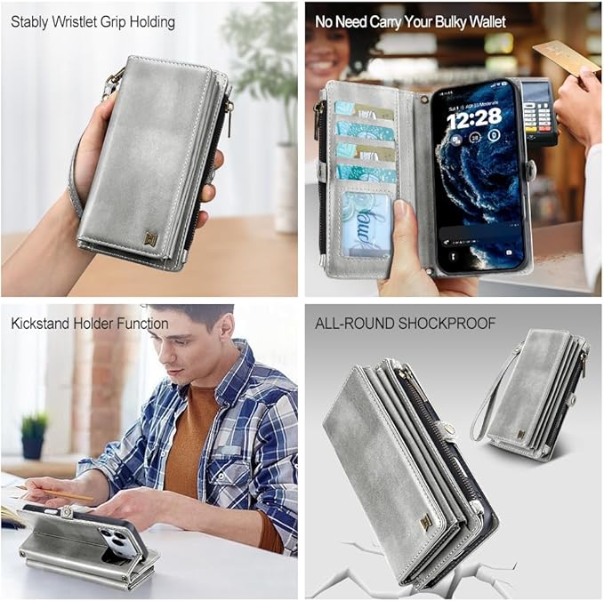 for iPhone 17 Pro Wallet Phone Case with 7 Card Holder,RFID Blocking | PU Leather | Kickstand | Flip | Wrist Strap&Shoulder Strap | Shockproof | Zipper Wallet | Women Men | 6.3" | Silvery