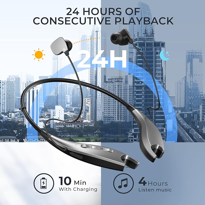 Neckband Bluetooth Headphones, Around The Neck Headphones 24H+ Playtime, Bluetooth Headsets with Call Vibration, Shark Jaw Design Wireless Earbuds+Noise Isolation/Mic/IPX7 Waterproof, Silver