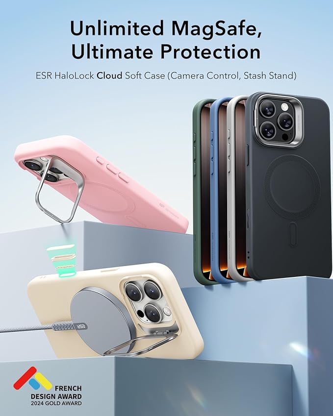 ESR for iPhone 16 Pro Max Case, Silicone Case with Stand, Compatible with, Built-in Camera Stash Stand, Magnetic Phone Case for iPhone 16 Pro Max, Cloud Series, Grey