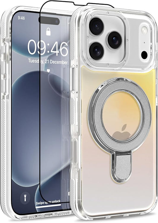 MOWIME Magnetic for iPhone 17 Pro Case with Stand [Compatible with Magsafe] [Cute Fashion Fluorescent Design] [1 Screen Protector] Slim Translucent Matte Case for iPhone 17 Pro 6.3" 2025, White