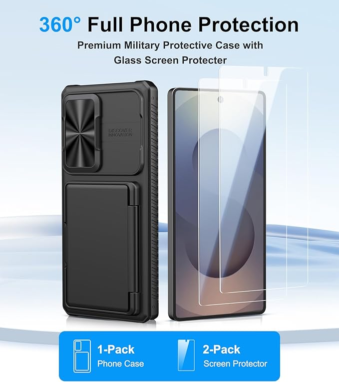 for Samsung Galaxy S25 Ultra Case with Tempered Glass Screen Protector, Wallet Card Holder (4-5 Card), Slide Camera Cover, Military Grade Protection, Heavy Duty Case for Samsung S25 Ultra, Black