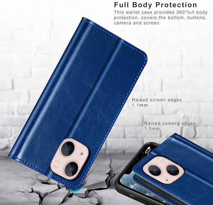 Belemay Compatible with iPhone 14 Plus Wallet Case-Genuine Leather Flip Phone Case-RFID Blocking Card Holders-Shockproof TPU Shell Folio Cover Women Men Compatible with iPhone 14 Plus (6.7-inch) Blue