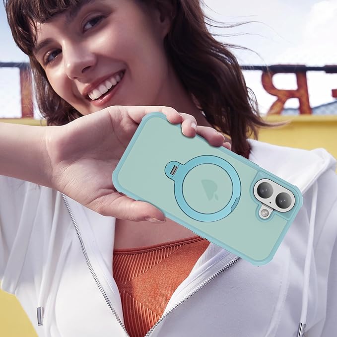 Compatible with iPhone 17 Case with Invisible Magnetic 360°Spin Stand,Military-Grade Shockproof Protection [Compatible with Mag-Safe] Non-Slip Edge Translucent Case (6.3",Blue)