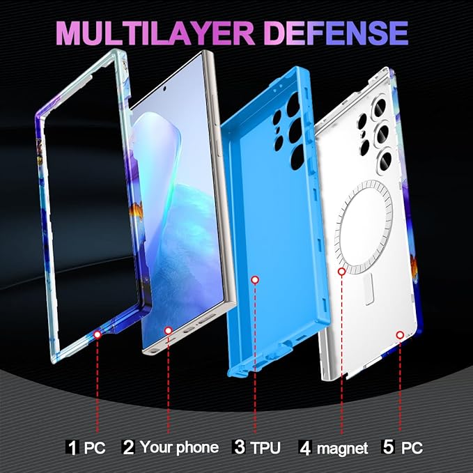 Casetego for Galaxy S24 Ultra Case,Compatible with MagSafe,[Military Grade Drop Test] Full Body Protection Slim Shockproof Rugged Marble Women Case for Samsung Galaxy S24 Ultra 6.8 inch,Azure Blue