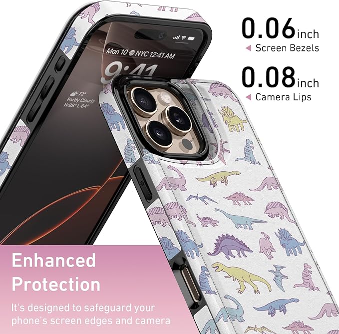 FUNMIKO for iPhone 16 Pro Wallet Case with Card Holder, RFID-Blocking, Military-Grade Protection & UV-Printed Artwork, Magnetic Closure with Leather Kickstand - Vibrantly Cute Dinosaur