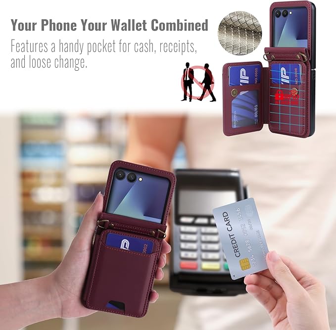 ASAPDOS for Samsung Galaxy Z Flip 7 PU Leather Wallet Phone Case with Card Slots (Holds 5 Cards), Anti-Drop Protection, Wrist & Shoulder Strap Wine Red