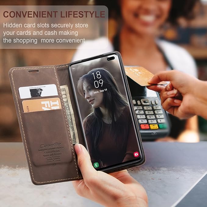 for Samsung Galaxy S10 Plus Case, Flip Wallet Leather Case with Card Holder Magnetic Closure Shockproof Kickstand Protective Phone Cases Cover for Samsung S10 Plus,Coffee