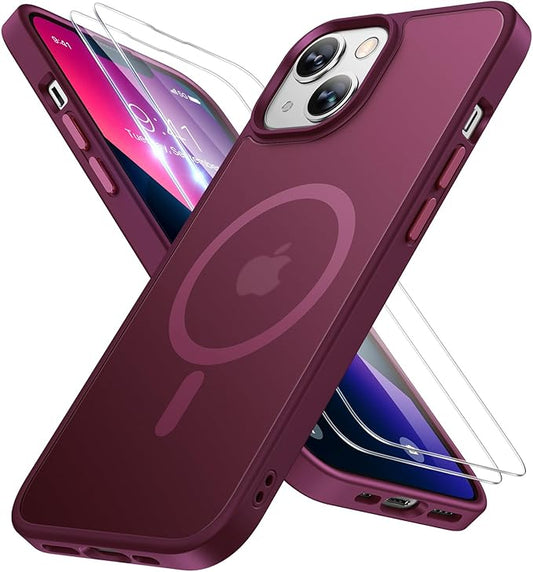 Miracase Magnetic for iPhone 13 Case 6.1 inch (Compatible with MagSafe)（with 2X Screen Protectors） Military-Grade Protection, Anti-Fingerprint Translucent Matte Phone Case Cover, Wine Red