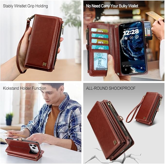 for iPhone 17 Pro Max Wallet Phone Case with 8 Card Holder,RFID Blocking | PU Leather | Kickstand | Flip | Wrist Strap&Shoulder Strap | Shockproof | Zipper Wallet | Women Men | 6.9" | Brown