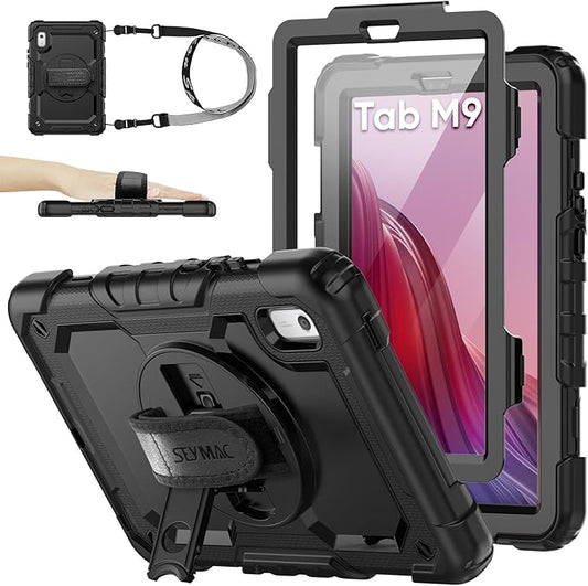 SEYMAC stock Case for Lenovo Tab M9 (TB-310FU) 2023 with Screen Protector, Drop-Proof Protection Cover with 360° Rotating Stand &Strap [Pen Holder] Case for Lenovo Tab M9 9'' (Black)