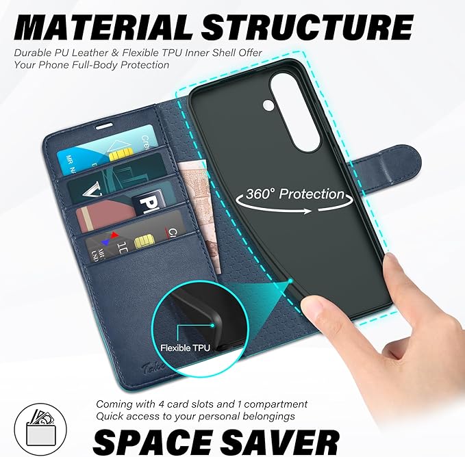 TUCCH Wallet Case for Galaxy S25 5G, Magnetic PU Leather Kickstand [RFID Blocking] Card Slot Folio Cover with [TPU Shockproof Inner Shell] Compatible with Galaxy S25 6.2" 2025, Blue & Lake Blue