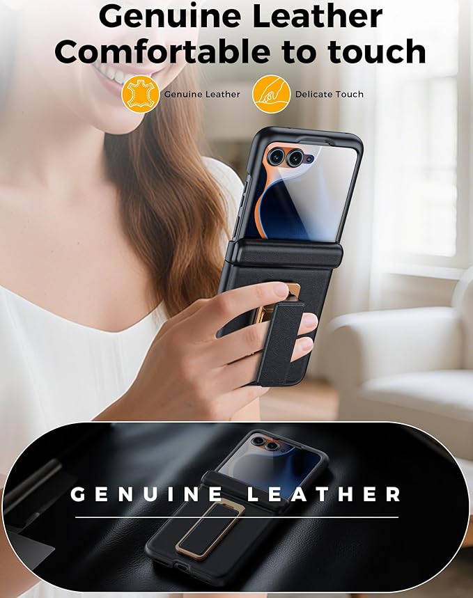 for Motorola Razr 2025 Case/Razr 2024 Case, Built-in Screen Protector & Hinge Protection & 360° Spin Stand & Hand Strap, Slim Genuine Leather Shockproof Phone Case for Razr 2025/2024(Black)