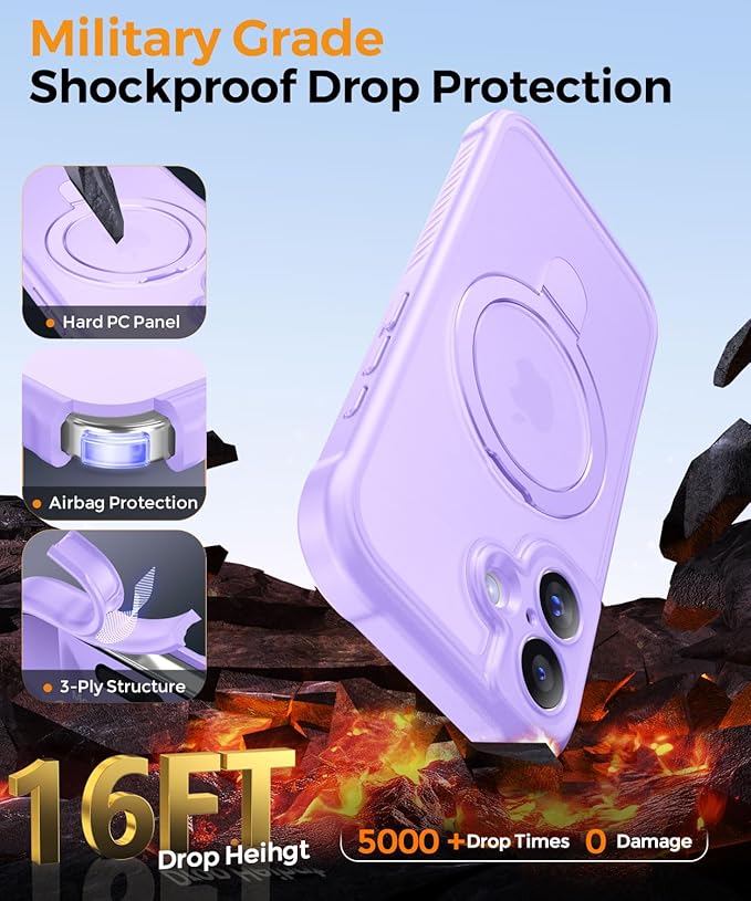 MOCCA Compatible with iPhone 17 Case with Magnetic Invisible Stand [Full Camera Protection] [Compatible with Magsafe] Military Drop Shockproof Translucent Matte Phone Case Cover 6.3",Light Purple