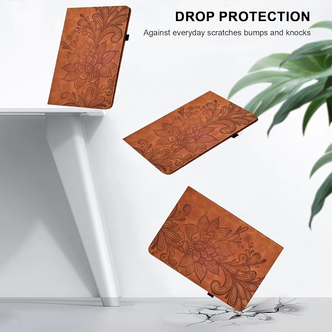 Case for Lenovo Tab M10 Plus 3rd Gen 10.6 Inch 2022 (TB125FU/128FU), Embossed Lace PU Leather Flip Folio Tablet Case with Elastic Band & Card Slots/Holder, Multi-Angle Viewing Stand Cover, Brown