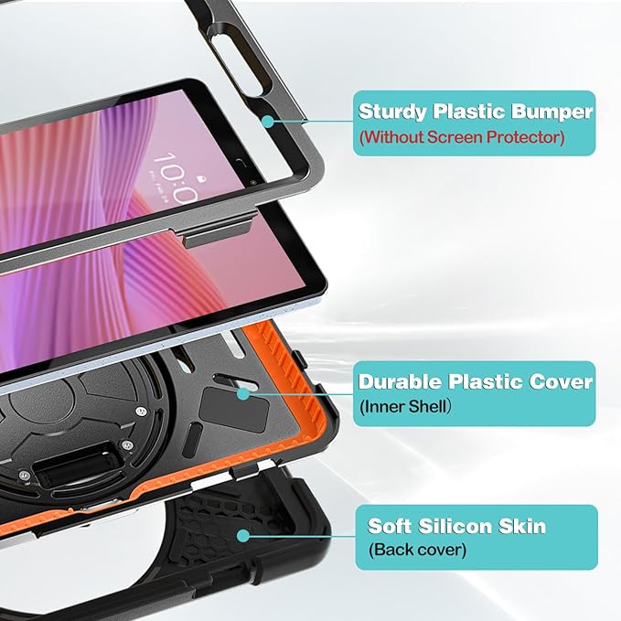 ProCase Rugged Case for Lenovo Tab One/K9 8.7 Inch 2025, Heavy Duty Shockproof Rugged Protective Cover Rotating Kickstand with Handle Holder Shoulder Strap for Lenovo Tab One/K9 -Black