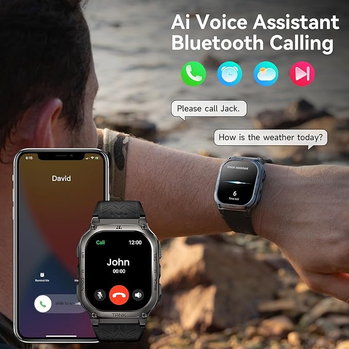 AMAZTIM Smart Watch, 60 Days Extra-Long Battery, 50M Waterproof, Rugged Military Bluetooth Call(Answer/Dial Calls), 2.0" Ultra Large HD Display, AI Voice Assistant (Shiny Black)